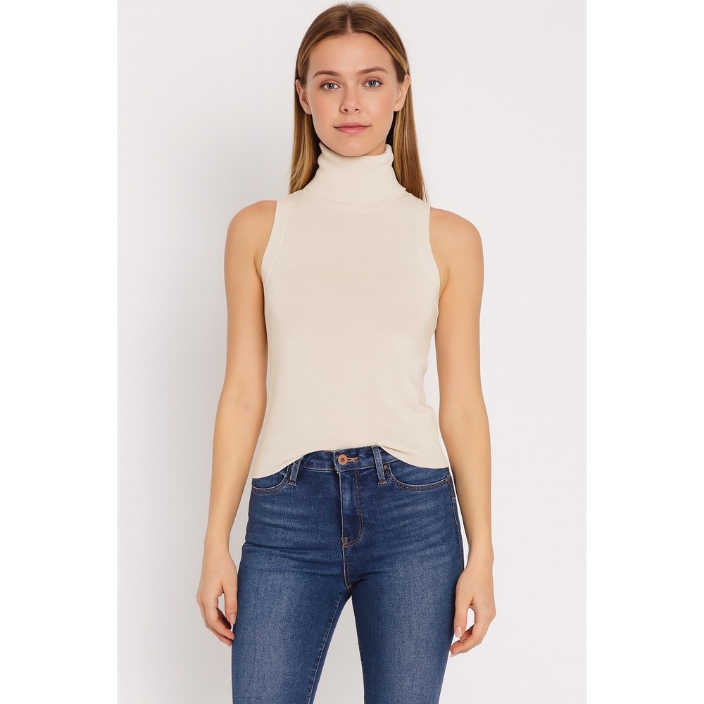 Zara Sleeveless Turtleneck Top Ribbed Knit Fitted Beige S Light Academia 86-14